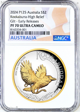 Load image into Gallery viewer, 2024 Australia GILT PROOF HIGH RELIEF 2oz Silver Kookaburra $2 Coin NGC PF70 ER