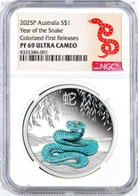 Load image into Gallery viewer, 2025 Australia PROOF Colored Silver Lunar Year of the SNAKE NGC PF69 1oz Coin FR