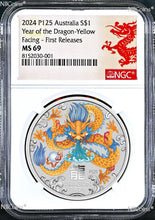 Load image into Gallery viewer, 2024 Silver Lunar Year of the Dragon NGC MS69 1oz $1 Coin Yellow Facing RG Issue
