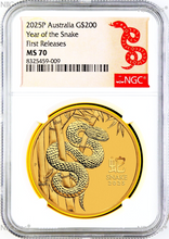 Load image into Gallery viewer, 2025 Australia Bullion GOLD $200 Lunar Year of the Snake NGC MS70 2oz Coin FR