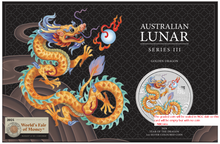 Load image into Gallery viewer, With Card 2024 Silver Lunar Year Dragon GOLDEN NGC MS 70 1oz $1 ANA CHICAGO WFM