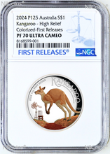 Load image into Gallery viewer, 2024 Colored HIGH RELIEF 1oz Silver Kangaroo $1 Coin NGC PF70 FR Blue Label
