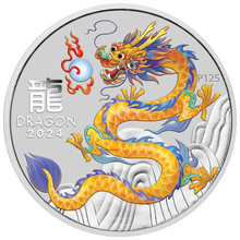 Load image into Gallery viewer, 2024 Yellow Lunar Year of the Dragon 1oz .9999 Silver $1 Coin In Mint Capsule