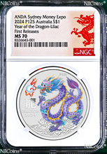 Load image into Gallery viewer, w/Card 2024 Silver Year Dragon LILAC NGC MS70 1oz $1 Sydney Money Expo FR
