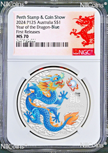 Load image into Gallery viewer, 2024 Silver Lunar Year Dragon Blue NGC MS70 1oz $1 Perth Stamp-Coin Show Red LB