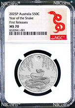 Load image into Gallery viewer, 2025 Australia .9999 Silver Lunar Year of the Snake NGC MS70 1/2oz 50c Coin FR