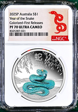 Load image into Gallery viewer, 2025 Australia PROOF Colored Silver Lunar Year of the SNAKE NGC PF70 1oz Coin FR