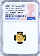 Load image into Gallery viewer, 3-Coin Set 2024 Australia Quarter+Half+One Sovereign GOLD $5 $15 $25 NGC PF70 E