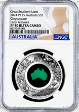 Load image into Gallery viewer, 2024 Australia Great Southern Land CHRYSOPRASE 1oz Silver Coin NGC PF70 ER