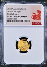 Load image into Gallery viewer, 2022 Australia .9999 1/10oz GOLD Lunar Year of the Tiger NGC PF70 $15 Coin FR