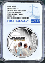 Load image into Gallery viewer, 2024 James Bond 007 Man With The Golden Gun SILVER PROOF $1 1oz COIN NGC PF70