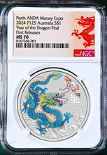 Load image into Gallery viewer, 2024 Silver Lunar Year Dragon TEAL NGC MS 70 1oz $1 ANDA PERTH MONEY EXPO