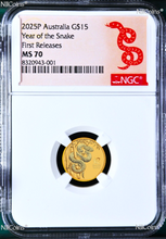 Load image into Gallery viewer, 2025 Australia Bullion GOLD $15 Lunar Year of the Snake NGC MS70 1/10oz Coin FR