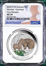 Load image into Gallery viewer, 2024 P Australia Wombat 1 oz Silver Colored Coin NGC MS 70 $1 FR Blue Label ER