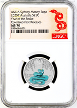 Load image into Gallery viewer, RARE 2024 Silver Sydney ADNA Expo Lunar Year of the SNAKE 1/4oz 25c NGC MS70