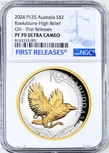Load image into Gallery viewer, 2024 Australia GILT PROOF HIGH RELIEF 2oz Silver Kookaburra $2 Coin NGC PF70 FR