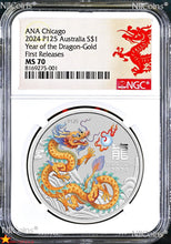 Load image into Gallery viewer, With Card 2024 Silver Lunar Year Dragon GOLDEN NGC MS 70 1oz $1 ANA CHICAGO WFM