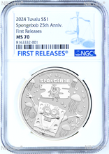 Load image into Gallery viewer, 2024 SPONGEBOB SQUAREPANTS 25th ANNIVERSARY 1oz .9999 Silver $1 COIN NGC MS70 F