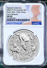 Load image into Gallery viewer, 2024 Perth Mint 125 Anniversary 1oz $1 Silver NGC MS/PF69 Coin "Typeset Version"