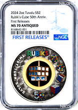 Load image into Gallery viewer, 2024 Rubik's Cube 50th Anniversary 2oz Silver Antiqued $2 Coin NGC MS 70 FR