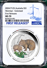 Load image into Gallery viewer, 2024 P Australia Wombat 1 oz Silver Colored Coin NGC MS 70 $1 FR Blue Label