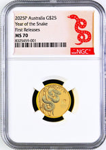 Load image into Gallery viewer, 2025 Australia Bullion GOLD $25 Lunar Year of the Snake NGC MS70 1/4oz Coin FR