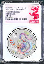 Load image into Gallery viewer, 2024 Silver Year Dragon WHITE NGC MS70 1oz $1 Brisbane Money Expo Correct Label