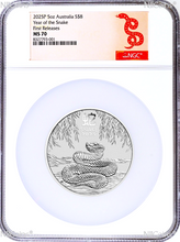 Load image into Gallery viewer, 2025 Australia .9999 Silver Lunar Year of the Snake NGC MS70 5oz $8 Coin FR