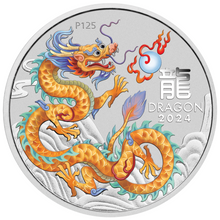 Load image into Gallery viewer, 2024 Lunar Year of the Dragon 1oz GOLDEN Silver $1 Coin in Capsule RGLR issue