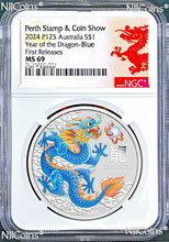 Load image into Gallery viewer, 2024 Silver Lunar Year Dragon Blue NGC MS69 1oz $1 Perth Stamp-Coin Show Red LB