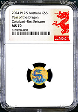 Load image into Gallery viewer, 2024 Australia Colored GOLD $5 Lunar Year of the Dragon NGC MS70 1/20oz Coin FR