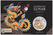 Load image into Gallery viewer, 2024 Lunar Year the Dragon 1oz GOLDEN Silver $1 Coin ANA WORLD’S FAIR OF MONEY