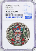Load image into Gallery viewer, 2024 FRIDA KAHLO 2oz Silver Antiqued Colored $2 Coin NGC MS70 FR
