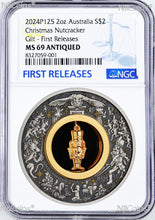 Load image into Gallery viewer, 2024 Christmas NUTCRACKER 2oz Silver Gilt Insert Antiqued Coin MS69 FR
