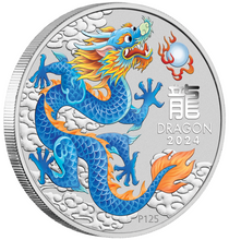 Load image into Gallery viewer, 2024 Lunar Year of the Dragon 1oz BLUE .9999 Silver $1 Coin In Mint Capsule