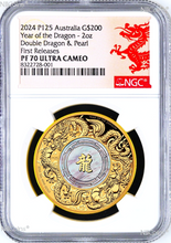 Load image into Gallery viewer, DOUBLE DRAGON WITH MOTHER OF PEARL 2024 2oz GOLD PROOF $200 COIN NGC PF70 UC FR