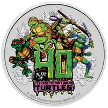 Load image into Gallery viewer, 2024 TEENAGE MUTANT NINJA TURTLES 40TH ANN. 1oz SILVER $1 Colored Coin In Card