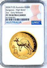 Load image into Gallery viewer, 2024 Australian High Relief Proof Kangaroo $200 NGC PF70 .9999 2oz GOLD Coin ER