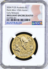 Load image into Gallery viewer, 2024 P Perth Mint 125 Anniv. Base Metal Kangaroo/koala/Kooka NGC BU $1 Coin ER