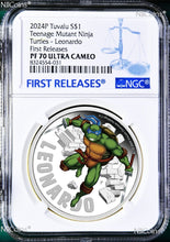 Load image into Gallery viewer, 2024 Teenage Mutant Ninja Turtles LEONARDO 1oz Colored Silver $1 COIN NGC PF70 F
