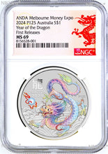 Load image into Gallery viewer, 2024 Silver Lunar Year Dragon WHITE NGC MS69 1oz $1 Melbourne Money Expo