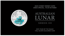 Load image into Gallery viewer, 2024/2025 SYDNEY MONEY EXPO ANDA SPECIAL YEAR OF THE SNAKE 1/4oz SILVER COIN