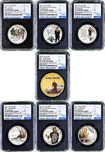 Load image into Gallery viewer, 2024 7-Coin-Set SEAN CONNERY COLLECTION SILVER $1 6x50c NGC MS70 007 James Bond