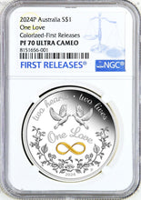 Load image into Gallery viewer, 2024 One Love 1oz .9999 Silver $1 Proof Coin NGC PF70 UC FR KCIII
