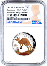 Load image into Gallery viewer, 2024 Colored HIGH RELIEF 1oz Silver Kangaroo $1 Coin NGC PF70 ER Flag Label