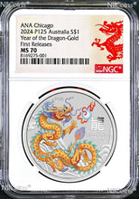 Load image into Gallery viewer, With Card 2024 Silver Lunar Year Dragon GOLDEN NGC MS 70 1oz $1 ANA CHICAGO WFM