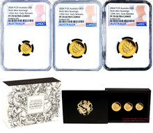 Load image into Gallery viewer, 3-Coin Set 2024 Australia Quarter+Half+One Sovereign GOLD $5 $15 $25 NGC PF70 E