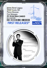 Load image into Gallery viewer, 2024 James Bond Legacy 4th Issue Pierce Brosnan SILVER $1 1oz COIN NGC PF70 FR