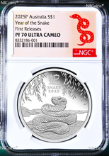 Load image into Gallery viewer, 2025 Australia PROOF Silver Lunar Year of the SNAKE NGC PF70 1oz $1 Coin FR
