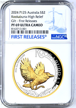 Load image into Gallery viewer, 2024 Australia GILT PROOF HIGH RELIEF 2oz Silver Kookaburra $2 Coin NGC PF69 FR